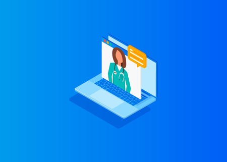 Isometric doctor online concept. Vector design infographicのイラスト素材