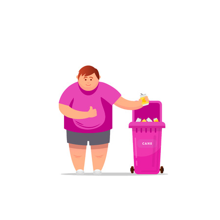 Trash sorting. Protect the environment. Man throws a garbage in the trash. Vector illustration.のイラスト素材