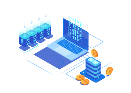 Digital marketing .Isometric concept statistics and analysis. 3d coin, servers and laptops.のイラスト素材