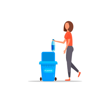 Protect the environment. Woman throws a garbage in the trash. Vector illustration.Trash sortingのイラスト素材
