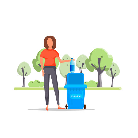 Protect the environment. Woman throws a garbage in the trash. Vector illustration.Trash sortingのイラスト素材