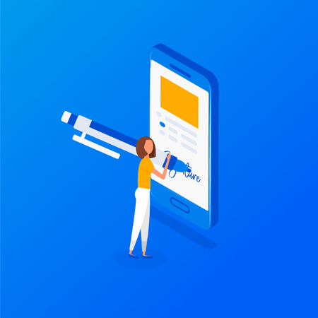 Digital signature. Business Woman puts signature. Flat 3d web isometric contract signature infographic concept vectorのイラスト素材