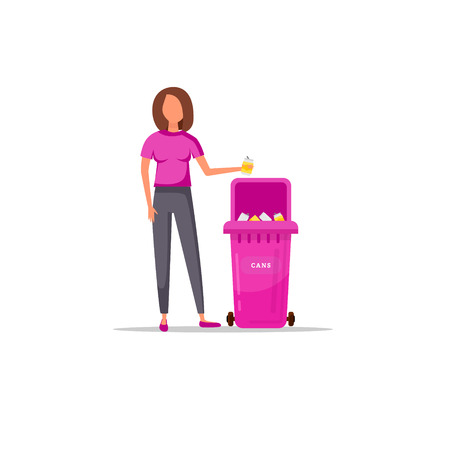 Trash sorting. Protect the environment. Woman throws a garbage in the trash. Vector illustration.のイラスト素材