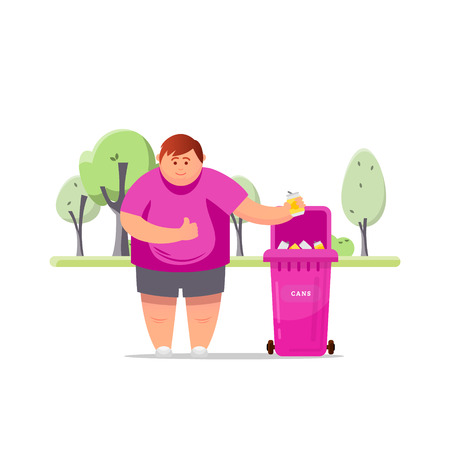 Trash sorting. Protect the environment. Man throws a garbage in the trash. Vector illustration.のイラスト素材