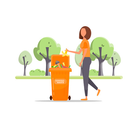 Trash sorting. Protect the environment. Woman throws a garbage in the trash. Vector illustration.のイラスト素材
