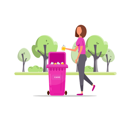 Trash sorting. Protect the environment. Woman throws a garbage in the trash. Vector illustration.のイラスト素材
