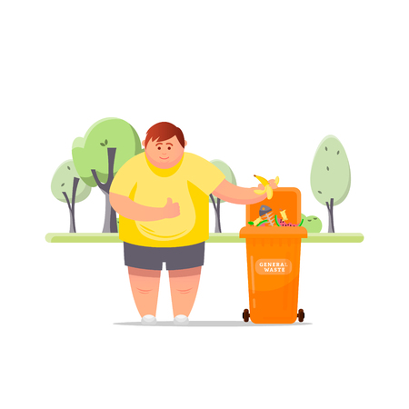 Trash sorting. Protect the environment. Man throws a garbage in the trash. Vector illustration.のイラスト素材