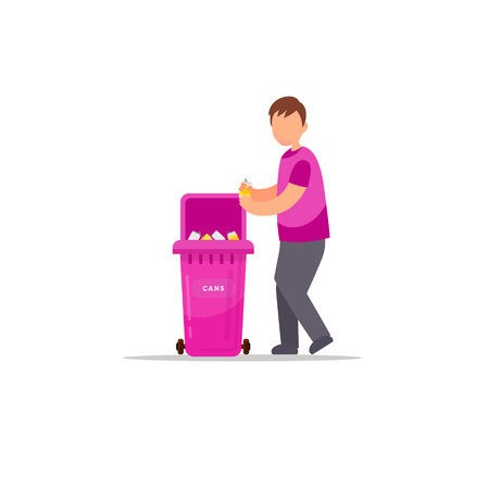 Trash sorting. Protect the environment. Man throws a garbage in the trash. Vector illustration.のイラスト素材