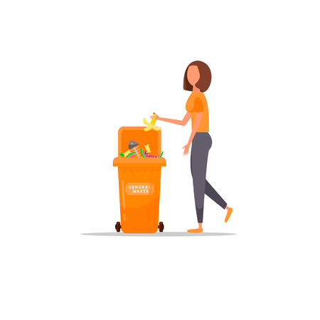 Trash sorting. Protect the environment. Woman throws a garbage in the trash. Vector illustration.のイラスト素材
