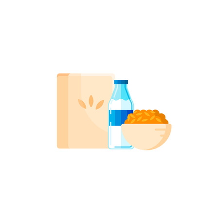 Breakfast food icons in cartoon style. Delicious healthy breakfast. Milk porridge.のイラスト素材
