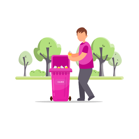 Trash sorting. Protect the environment. Man throws a garbage in the trash. Vector illustration.のイラスト素材