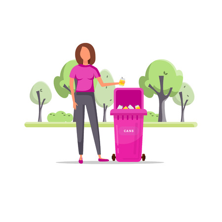 Trash sorting. Protect the environment. Woman throws a garbage in the trash. Vector illustration.のイラスト素材