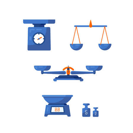 A set of different scales, weighing, weight, balance in a flat style. Vector illustration.のイラスト素材