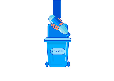 Man hand throwing away plastic bottle stump in garbage container. Vector flat cartoon illustrationのイラスト素材