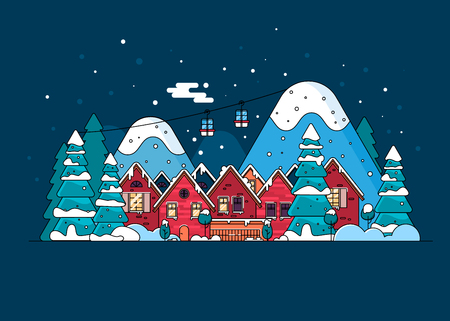 Winter holidays in the mountains concept banner. Snowy night in cozy christmas town city bannerのイラスト素材