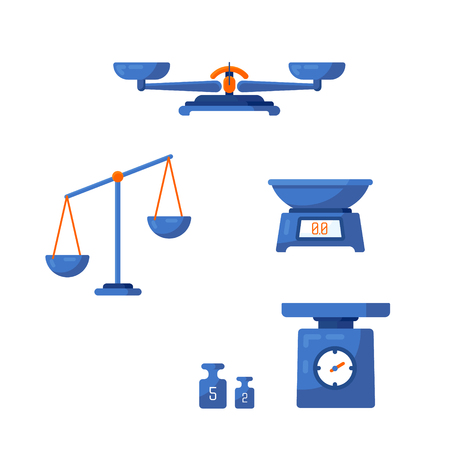 A set of different scales, weighing, weight, balance in a flat style. Vector illustration.のイラスト素材