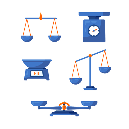 A set of different scales, weighing, weight, balance in a flat style. Vector illustration.のイラスト素材