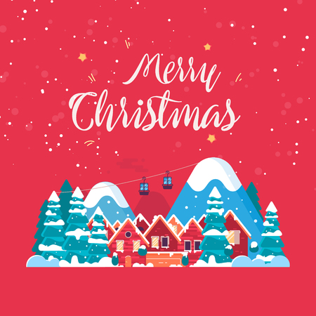Merry Christmas Background With Winter holidays in the mountains concept banner. Snowy night in cozy christmas town city bannerのイラスト素材