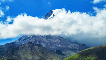 Mountain kazbek. Caucasus mountains. Beauty world. Cloudy morning view of the mountain hill in Upper Svanetia, Georgia, Europe.の写真素材