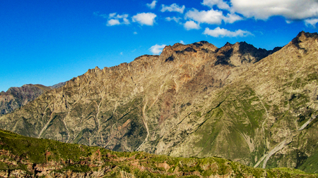 Caucasus mountains. Beauty world. Cloudy morning view of the mountain hill in Upper Svanetia, Georgia, Europe.の写真素材