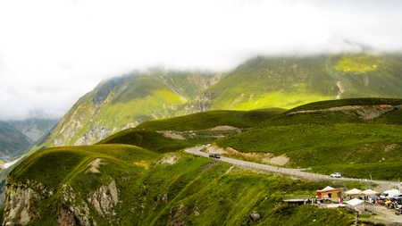 Caucasus mountains. Beauty world. Cloudy morning view of the mountain hill in Upper Svanetia, Georgia, Europe.の写真素材