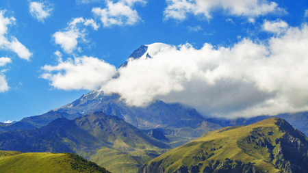 Mountain kazbek. Beauty world. Cloudy morning view of the mountain hill in Upper Svanetia, Georgia, Europe.の写真素材