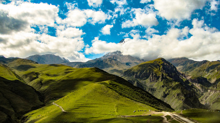 Beauty of nature concept background.Cloudy morning view of the mountain hill in Upper Svanetia, Georgia, Europe.の写真素材