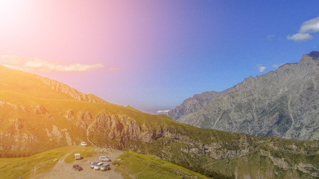 Caucasus mountains. Beauty world. Cloudy morning view of the mountain hill in Upper Svanetia, Georgia, Europe.の写真素材