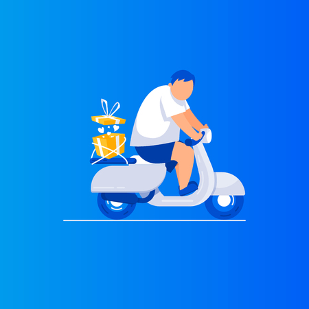 Young man riding  scooter motor bike in flat style vector  illustration. Gift deliveryのイラスト素材