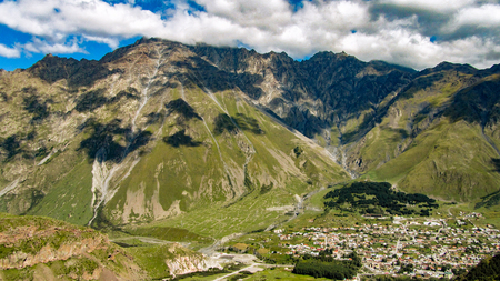 Caucasus mountains. Beauty world. Cloudy morning view of the mountain hill in Upper Svanetia, Georgia, Europe.の写真素材