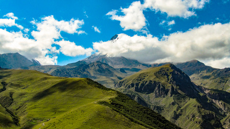 Caucasus mountains. Beauty world. Cloudy morning view of the mountain hill in Upper Svanetia, Georgia, Europe.の写真素材