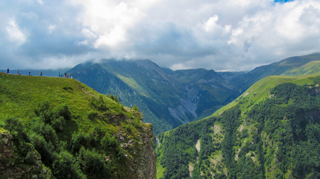 Beauty of nature concept background.Cloudy morning view of the mountain hill in Upper Svanetia, Georgia, Europe.の写真素材