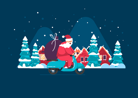 Santa is carrying gifts on a moped against a beautiful winter city with mountains. Merry Christmasのイラスト素材