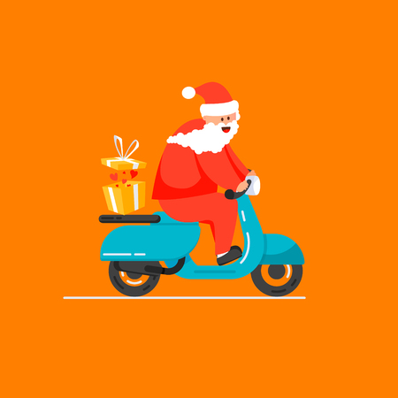 Santa is carrying gifts on a moped against a beautiful winter city with mountains. Merry Christmasのイラスト素材