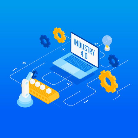 Isometric Factory automation, Industry 4.0, Internet of Things, Vector illustration for connected devices using different symbolsのイラスト素材