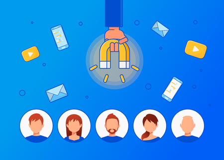 Customer retention strategy, Digital inbound marketing, client care or satisfaction metaphorのイラスト素材