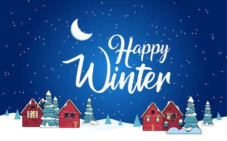 Winter holidays in the mountains concept banner. Snowy night in cozy christmas town city bannerのイラスト素材