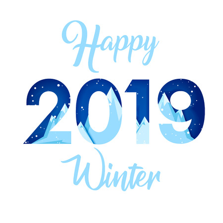 Winter landscape with fir trees in snow and 3d numbers 2019のイラスト素材