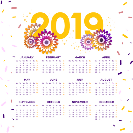 Vector of 2019 new year calendar in clean minimal  style with flowersのイラスト素材