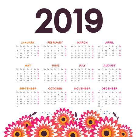 Vector of 2019 new year calendar in clean minimal  style with flowersのイラスト素材