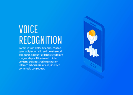 Personal assistant and voice recognition on mobile app. Voice biometrics technology isometric  vector illustrationのイラスト素材
