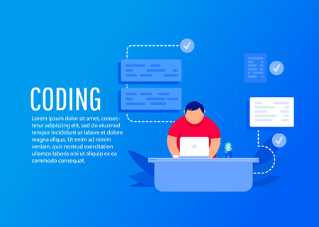 Programmer at work concept banner. Can use for web banner, infographics. Flat isometric vector illustration isolated on white background.のイラスト素材
