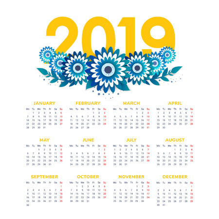 Vector of 2019 new year calendar in clean minimal  style with flowersのイラスト素材