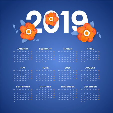 Vector of 2019 new year calendar in clean minimal  style with flowersのイラスト素材