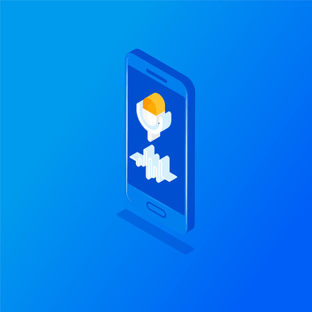Personal assistant and voice recognition on mobile app. Voice biometrics technology isometric  vector illustrationのイラスト素材