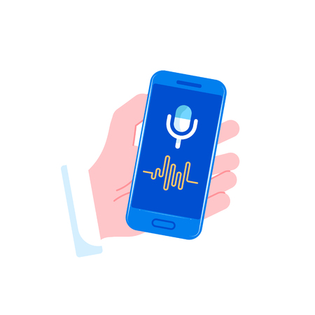 Personal assistant and voice recognition on mobile app. Voice biometrics technology isometric  vector illustrationのイラスト素材