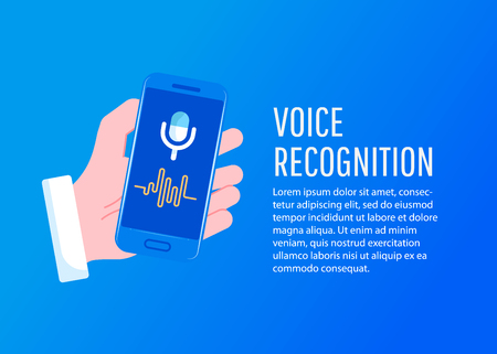 Personal assistant and voice recognition on mobile app. Voice biometrics technology isometric  vector illustrationのイラスト素材