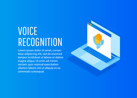 Personal assistant and voice recognition on PC app. Voice biometrics technology isometric  vector illustrationのイラスト素材