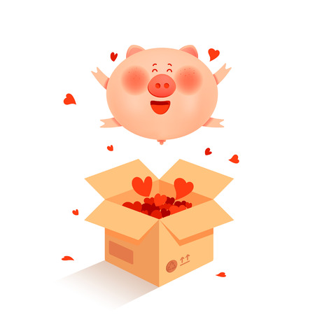 Merry Christmas illustration with cute pig jumps out of the box. Surprise. New Yearのイラスト素材