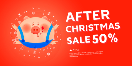 After Christmas sale banner with Santa pig, numbers 2019. Symbol of New year  Xmas holiday.のイラスト素材